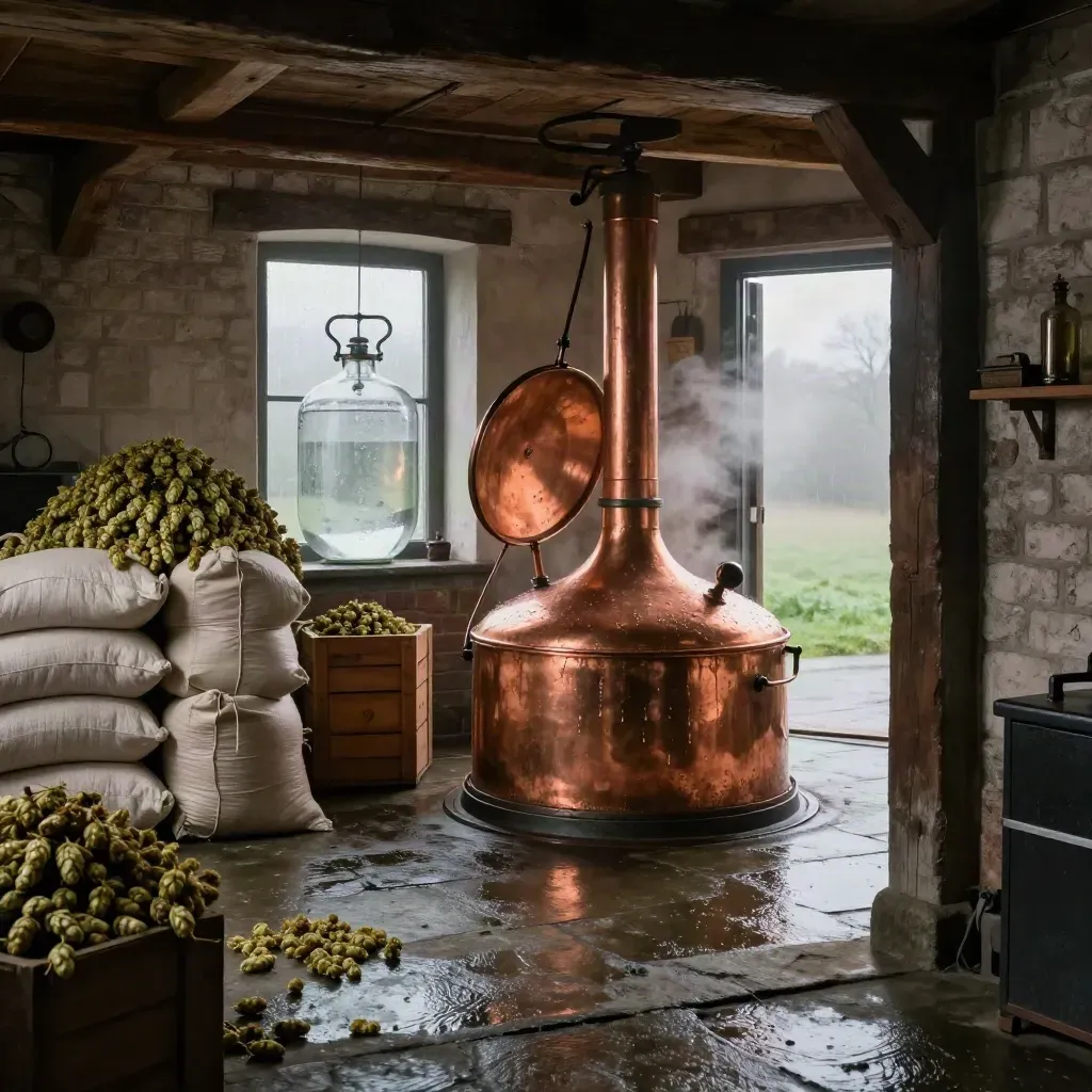 Koperen brouwketel, moutzakken, hopkratten en gistvat in een oude brouwhal na regen.