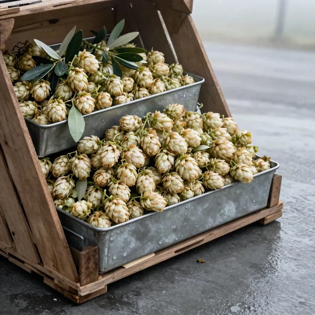 Open krat met verse hopbellen en metalen trays in een mistige laadruimte na aanvoer.