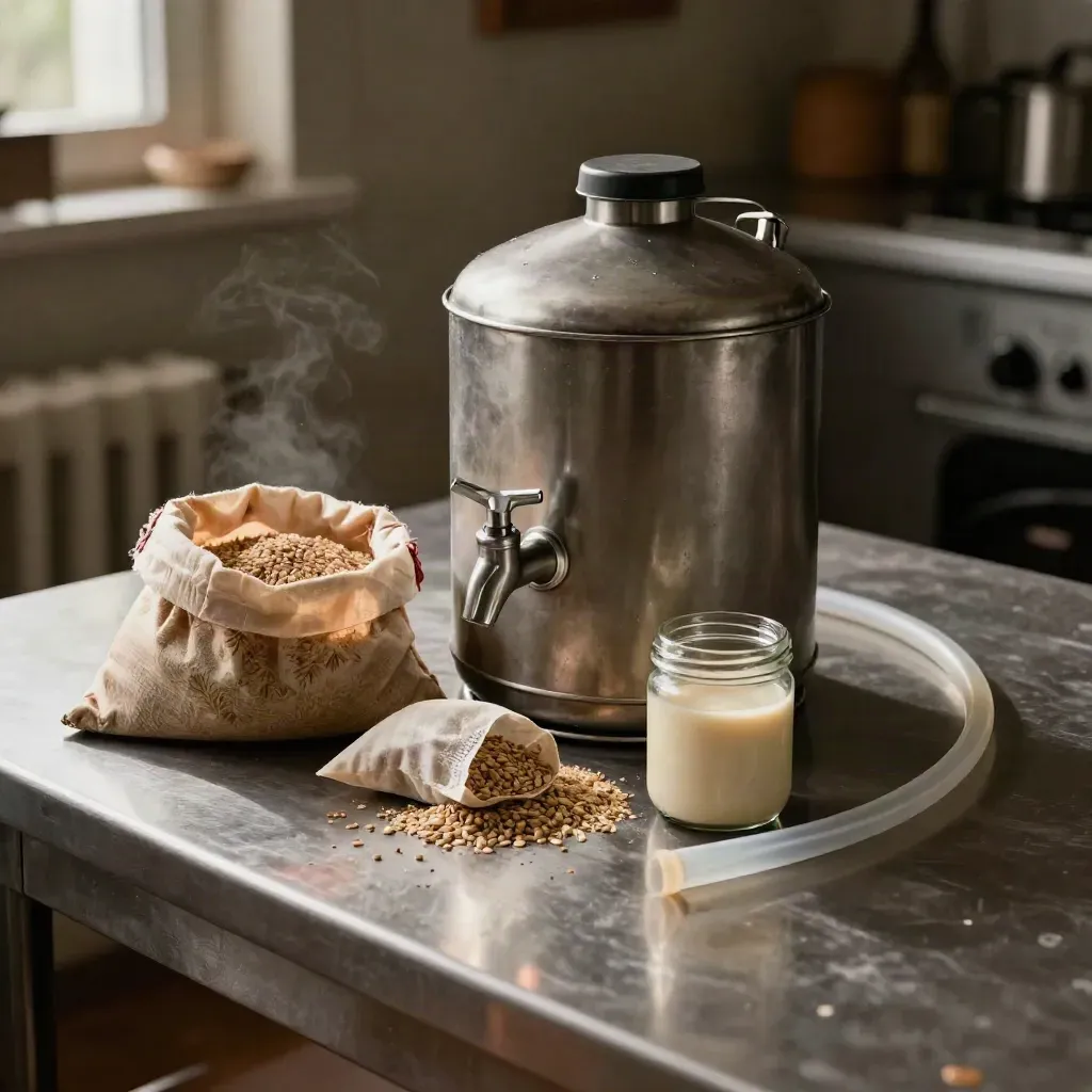 Thuisbrouwset met gistvat, mout, hop en slang op een RVS werkblad.