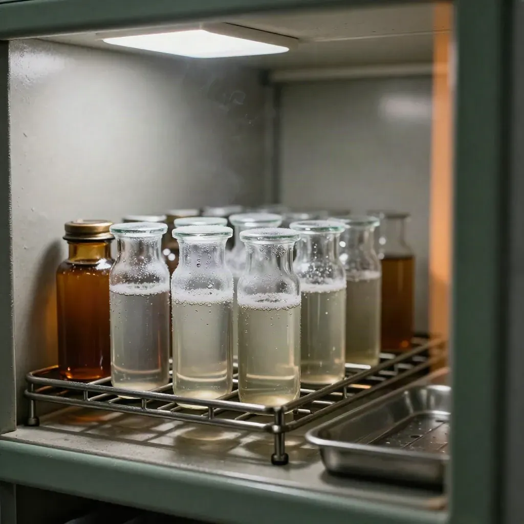 Glazen gistvials in een koelrek met condens in een koele opslaghoek.