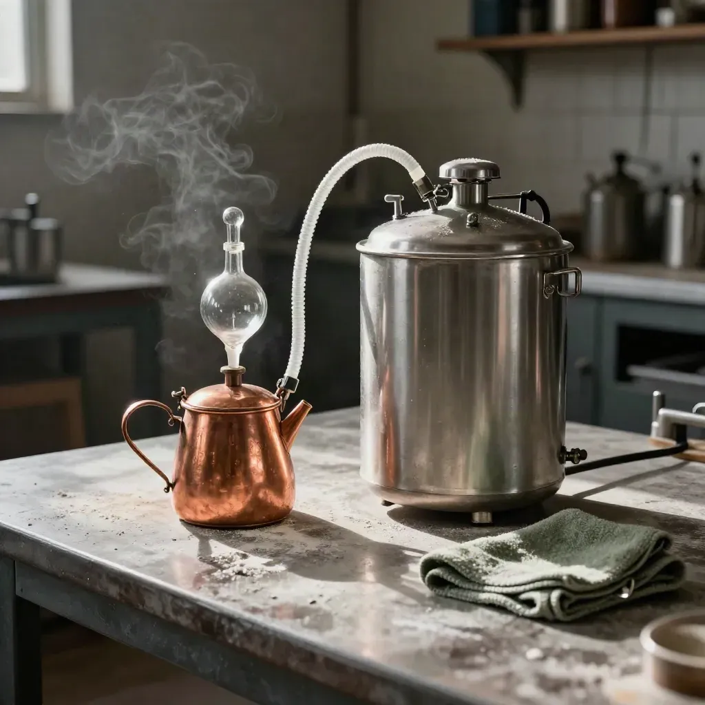 Fermenter en koperen kookketel klaar voor een kleine brouwbatch op de werkbank.