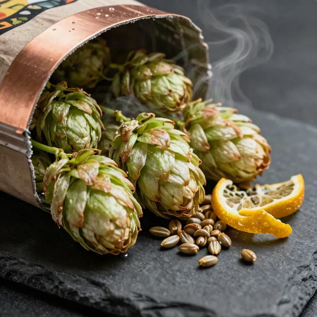 Drie frisse hopvariëteiten met kegels, pellets en citrusschil in koele damp.