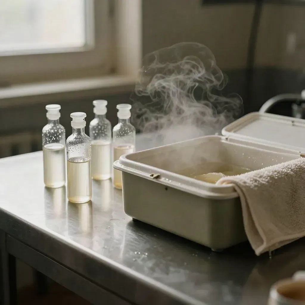 Gistvials met condens en een open koelbak op een werkbank, in koel brouwerijlicht.