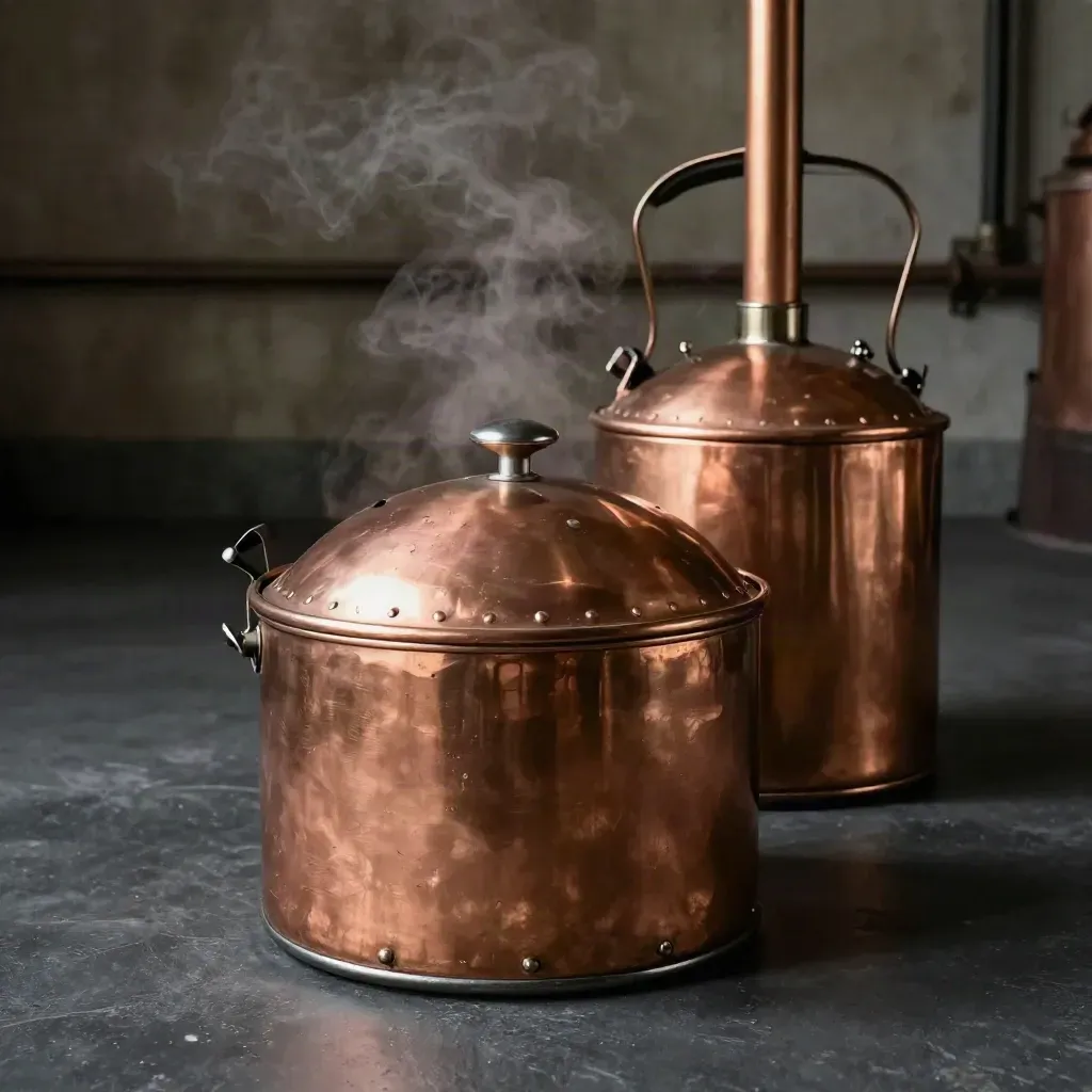 Koperen brouwketel met deksel en tweede ketelvorm in een sfeervolle brouwerij
