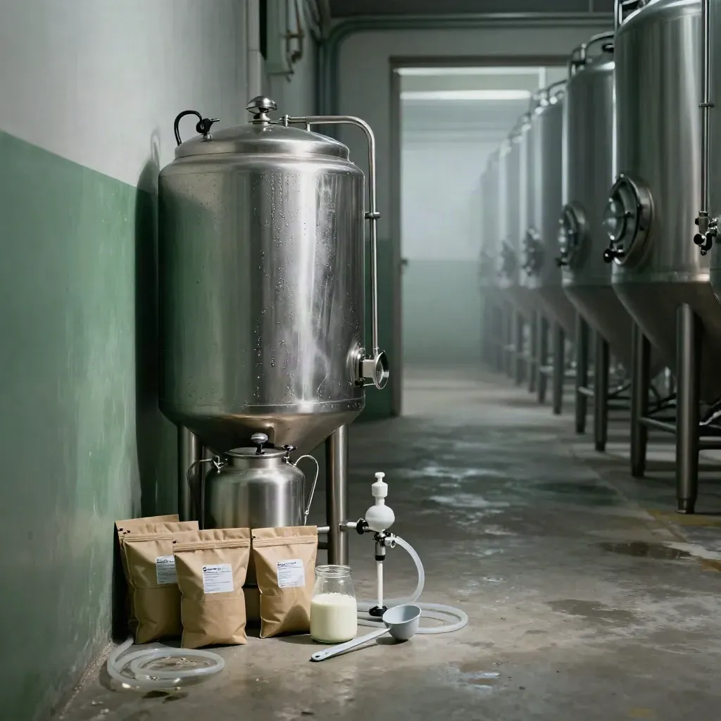 Brouwset naast een vergistingsvat in een mistige brouwerijgang, laag vanaf de vloer.