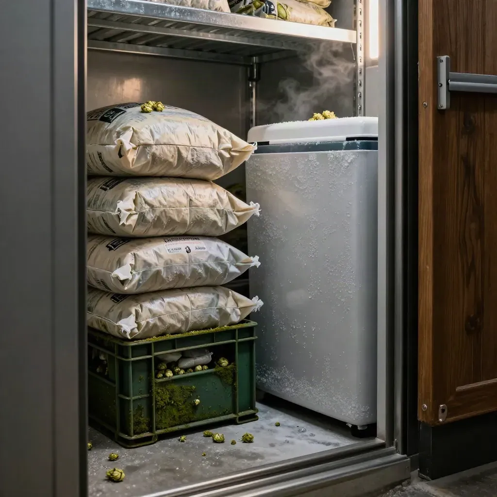 Hopzakken en een koelbox met condens in een koele opslaghoek van de brouwerij.